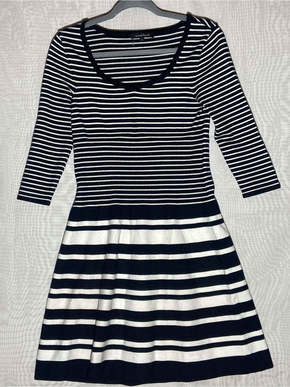 Nanette Lepore Navy and White Striped Long-Sleeve Fit & Flare Dress
